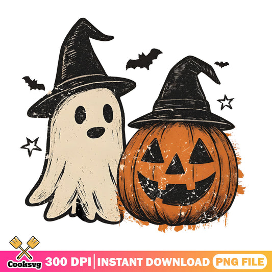 Retro Halloween Ghost Pumpkin PNG, Witch Hat PNG, Halloween PNG