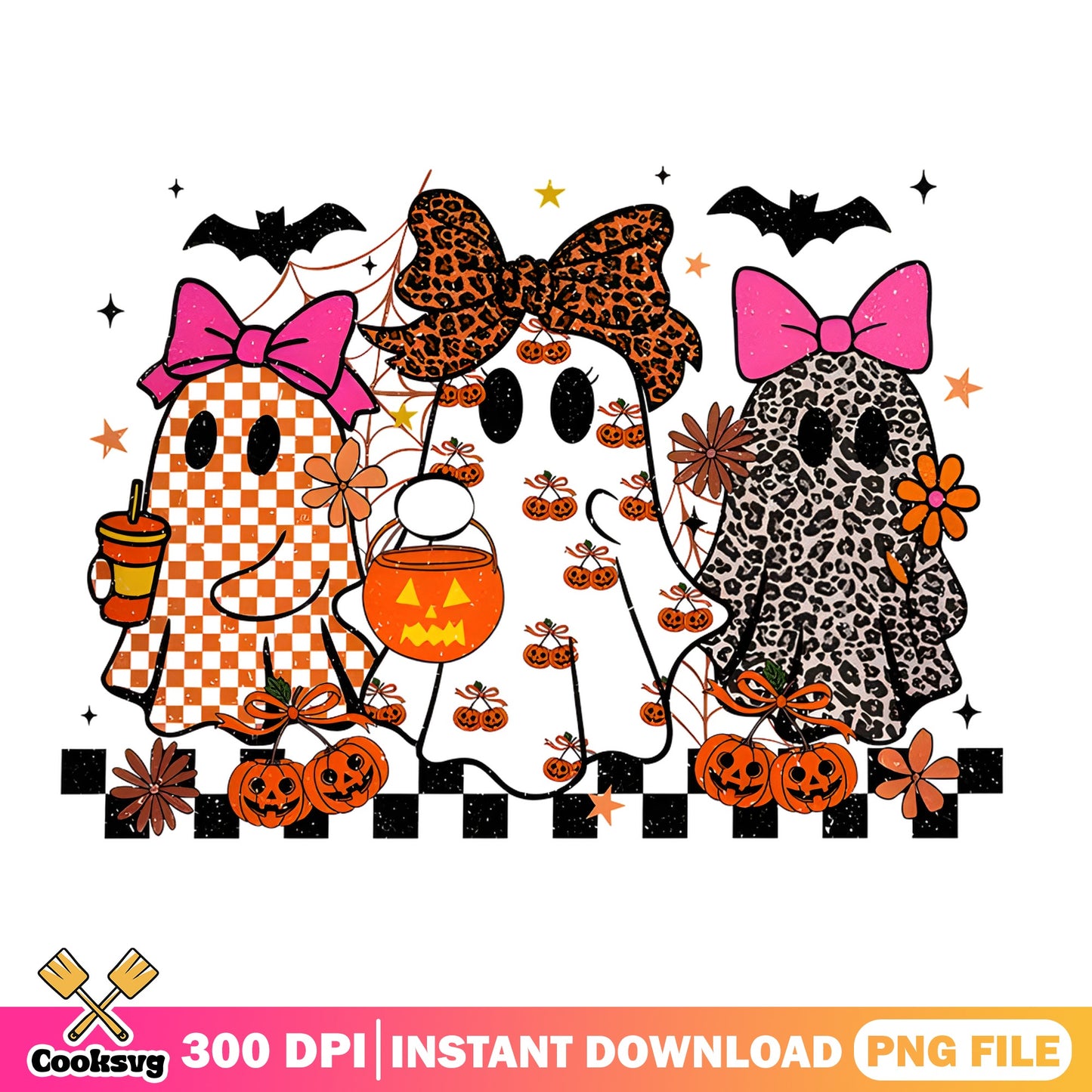 Retro Halloween Ghost With Bow PNG, Spooky Ghost PNG, Halloween PNG