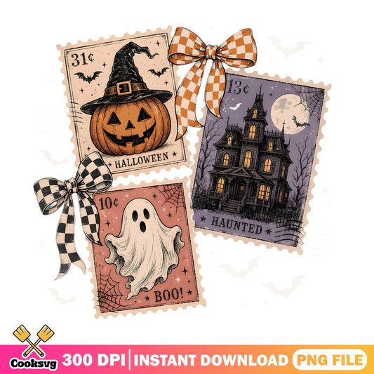 Retro Halloween Stamp Bundle PNG, Haunted House Ghost PNG, Spooky Pumpkin PNG