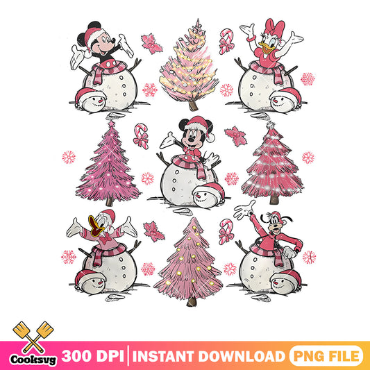 Retro groovy mickey png, minnie donald png, goofy snowmen png