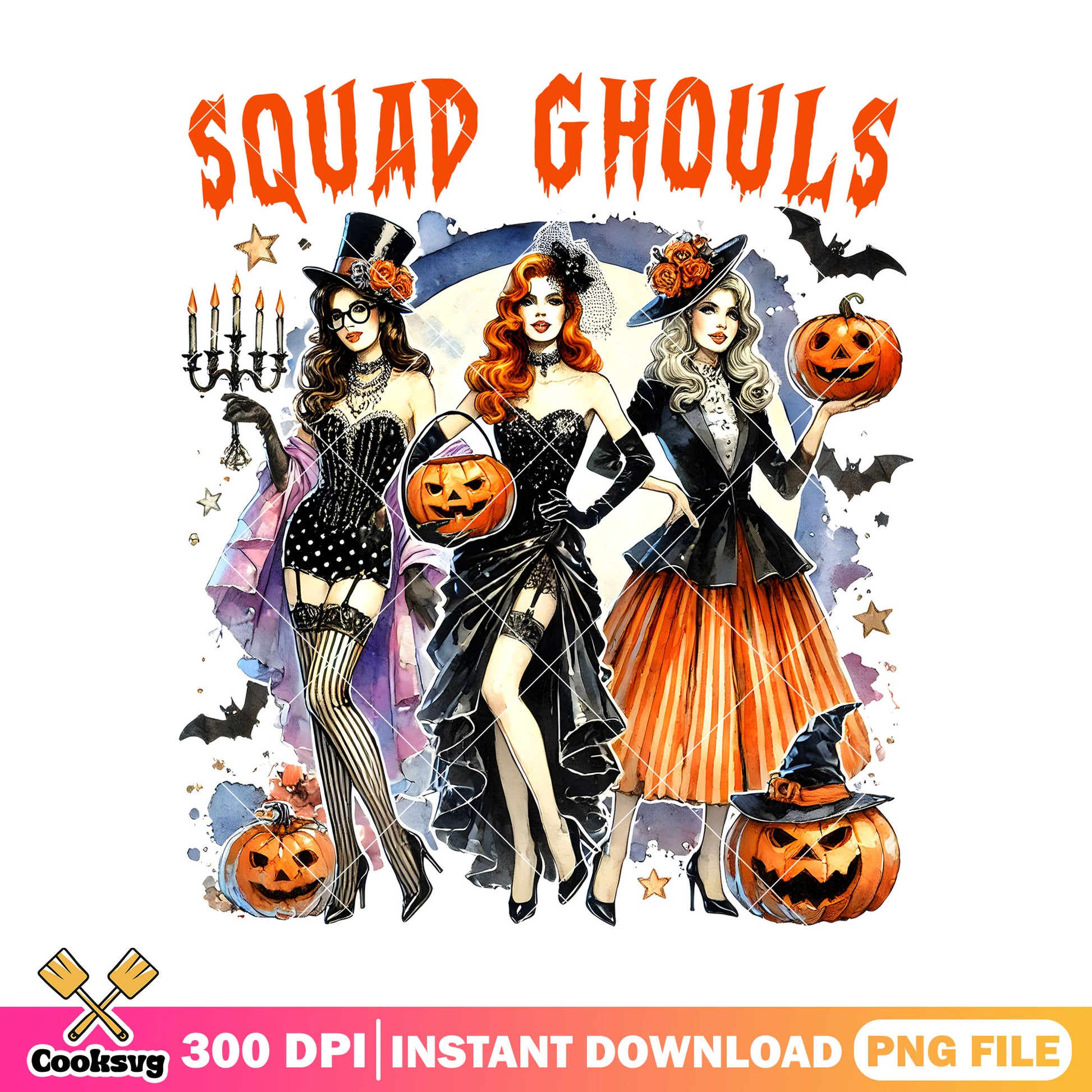 Retro spooky girls png, vintage halloween png, pumpkins​ png