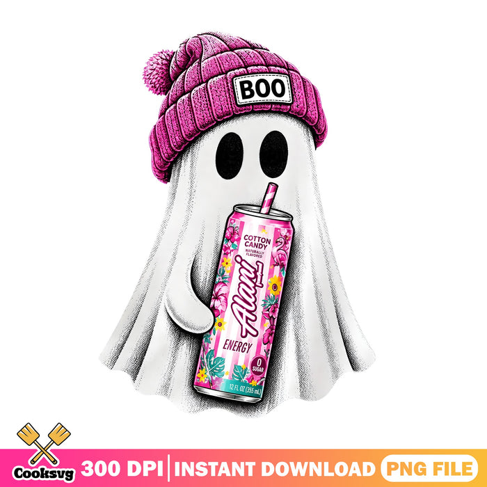 Boo Ghost Alani Energy Drink PNG, Pink Beanie PNG, Cotton Candy PNG