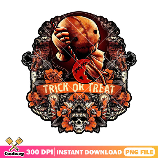 Sam doll trick or treat sticker design png, sitting sam png
