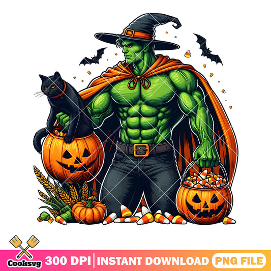 Scary Hulk with black cat, halloween dc comics png, spooky costume png