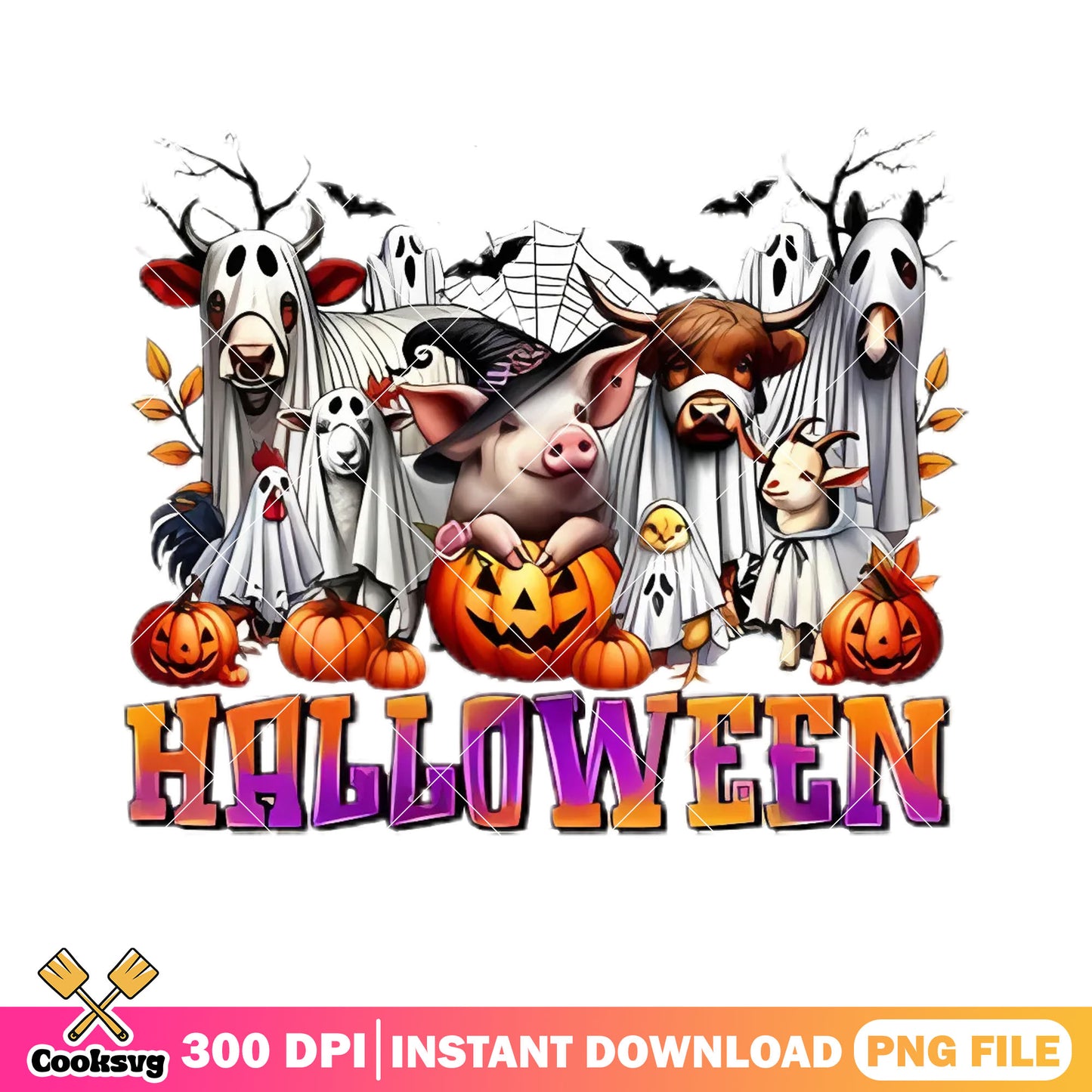 Scary animal halloween png, witch hat costume png, scary halloween night png