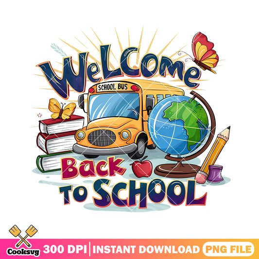 School bus back design png, supplies png, back to school idea png