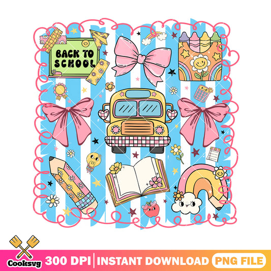 School bus design file png, supllies art png, back to school day png