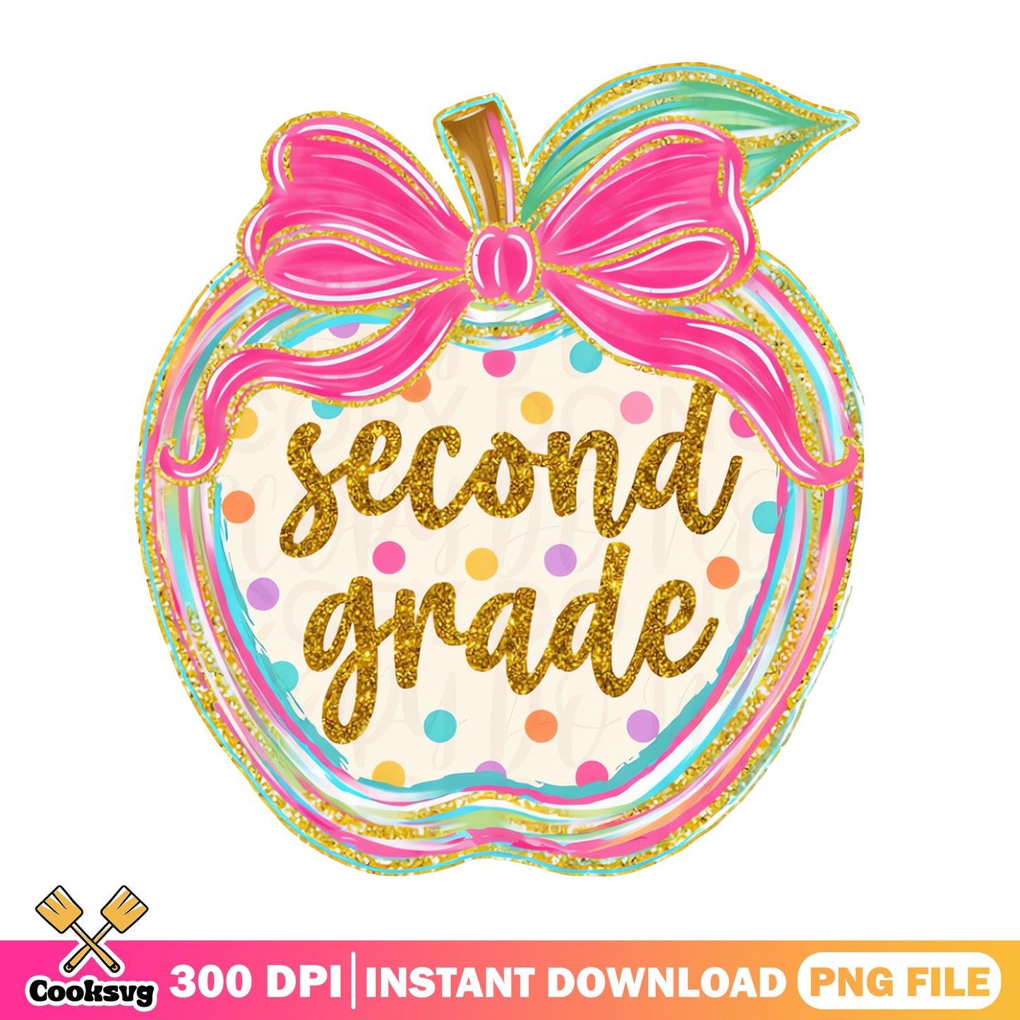Second Grade Apple Bow PNG, Teacher Gift PNG, Back To School PNG