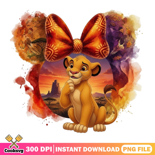 Simba Lion King Minnie Ears Watercolor PNG, Disney PNG, Fall PNG