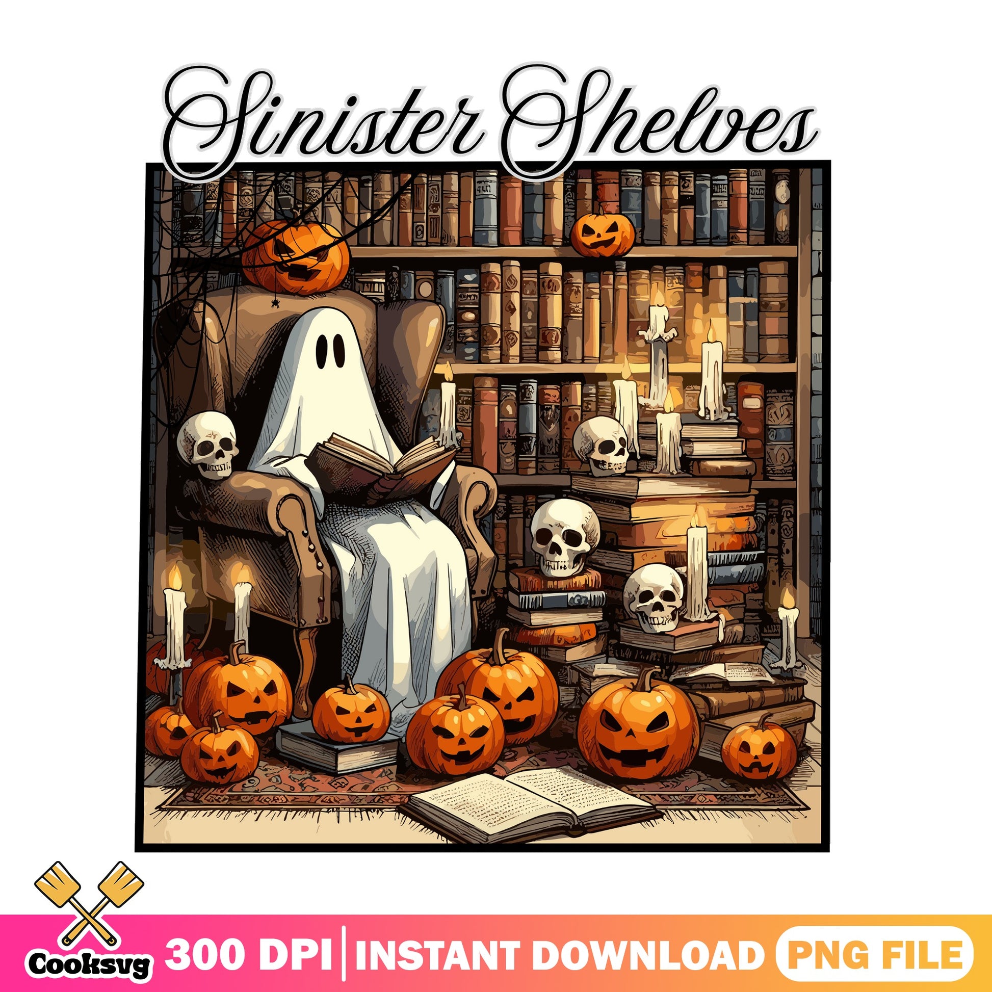 Sinister Shelves Ghost Reading PNG, Halloween PNG, Spooky PNG