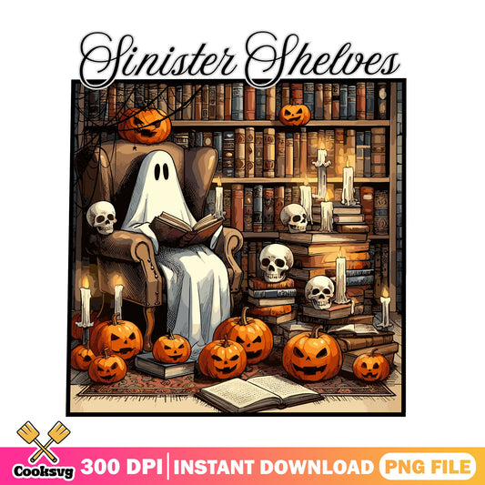 Sinister Shelves Ghost Reading PNG, Halloween PNG, Spooky PNG