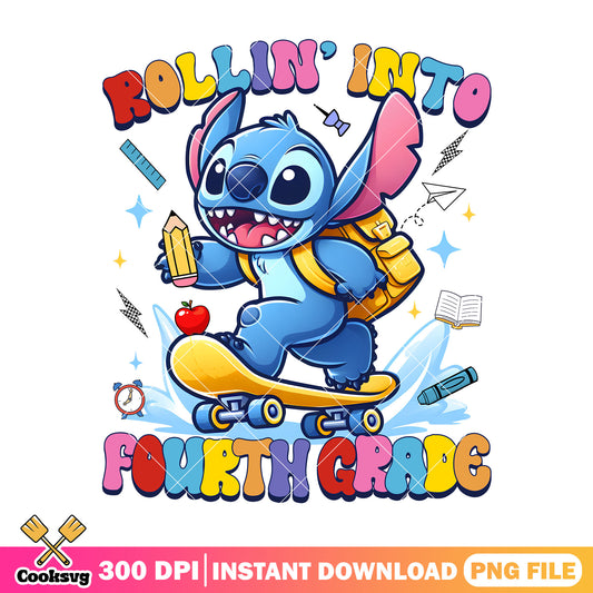 Skateboarding with stitch png, back to school art png, disney land png