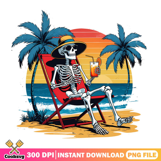 Skeleton On Beach Retro Summer PNG, Funny Skeleton PNG, Summer Vibes PNG