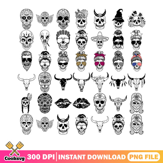 Skeleton skull collection png bundle, americas glasses​ png, bull skull png