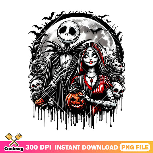 Skull jack and sally design png, halloween horror png, disney art png