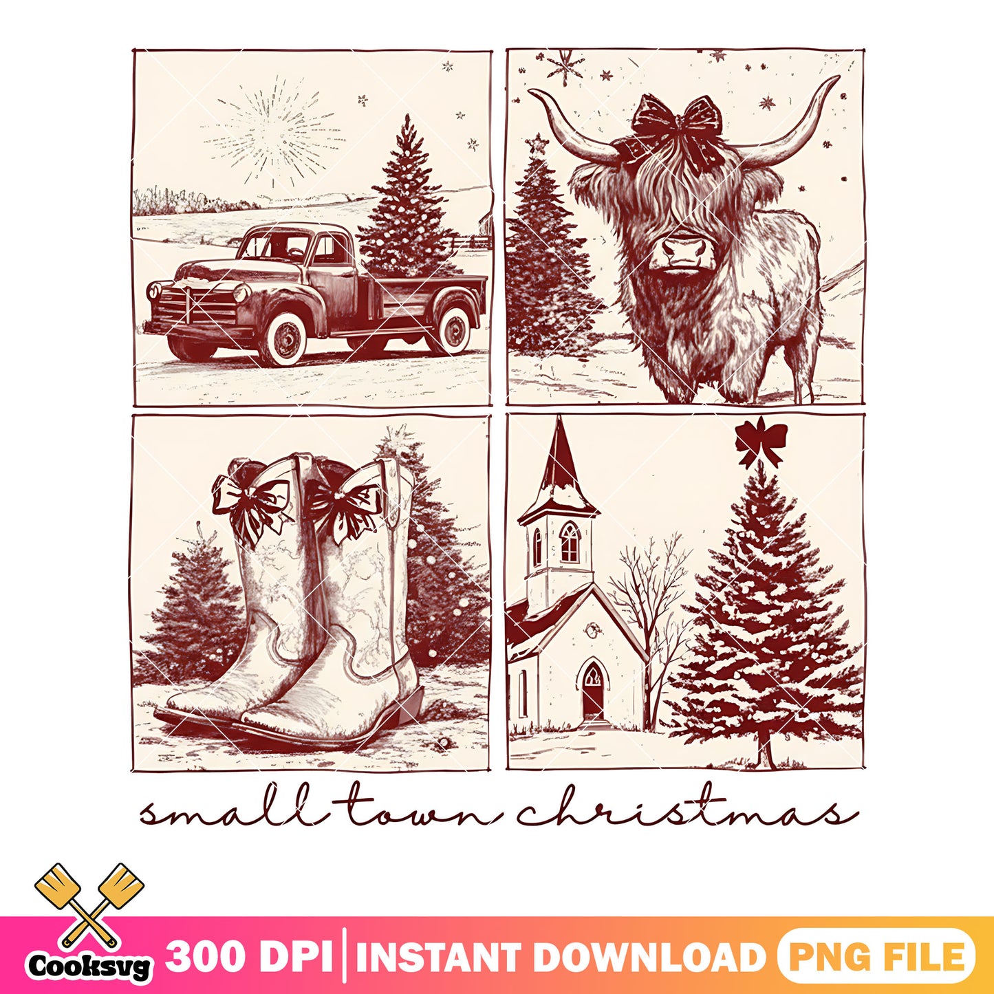 Small town christmas png, christmas tree png, the church​ png
