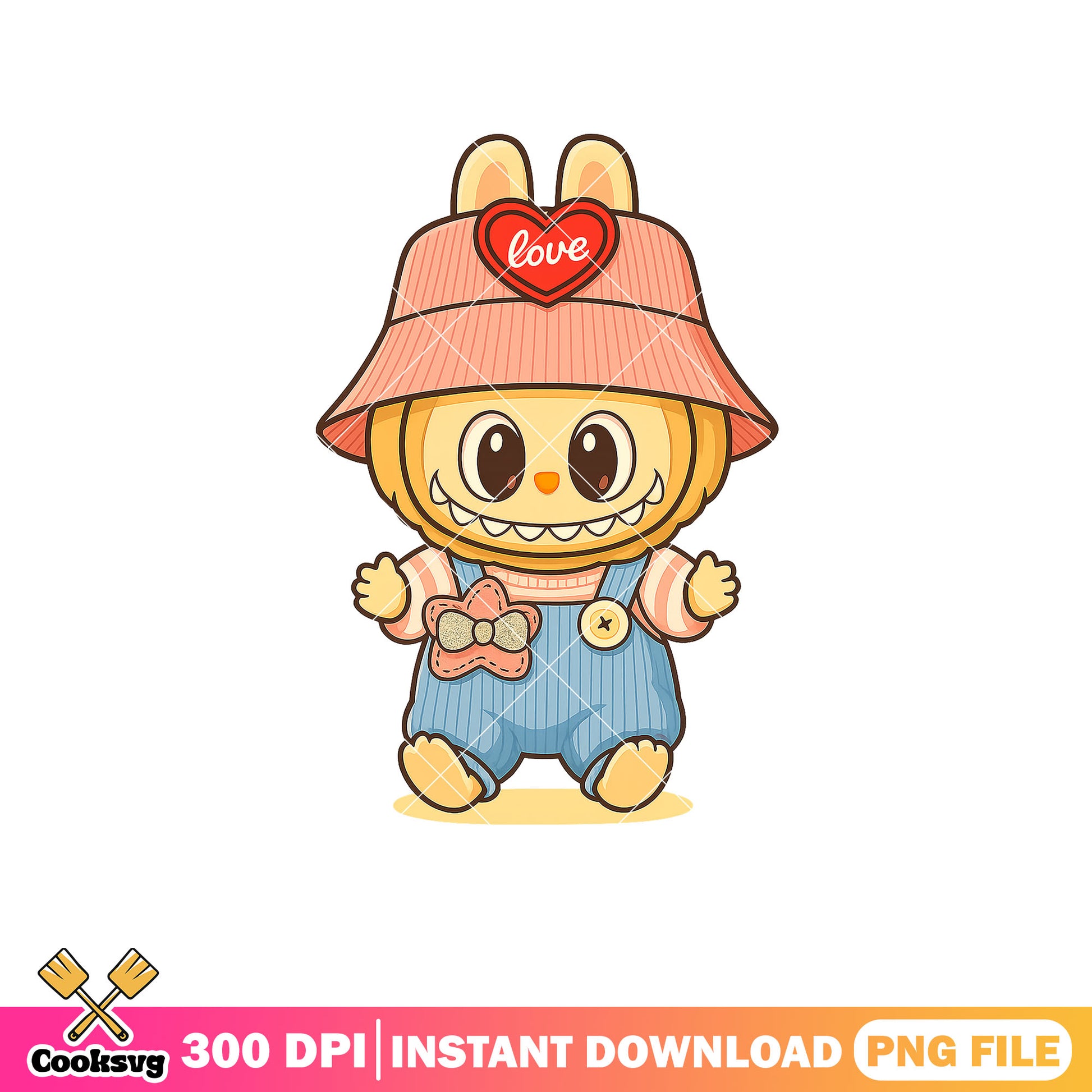 Smiling overalls labubu png, labubu dolls png, cute labubu png
