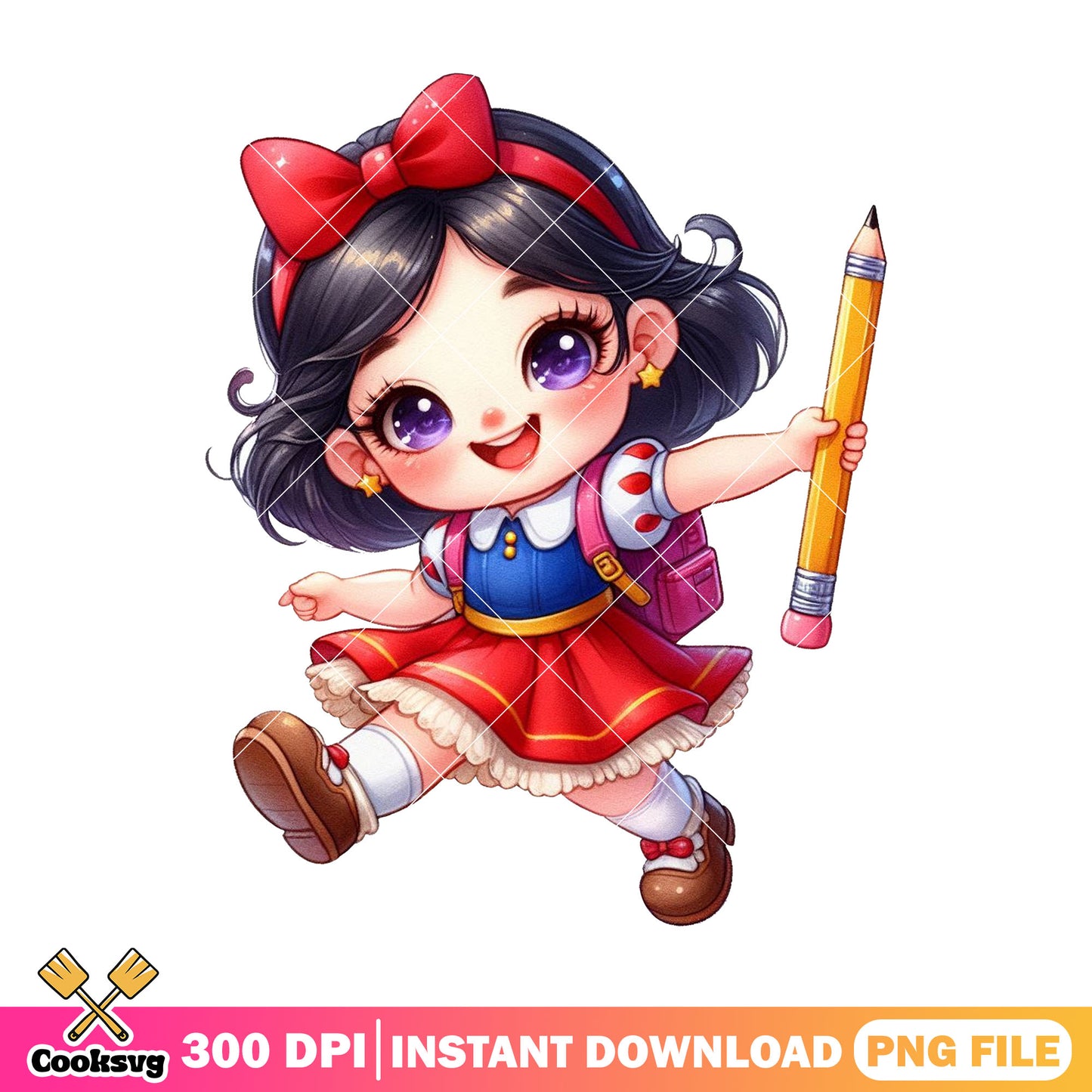 Snow white with pencil png, back to school art png, snow white cute png