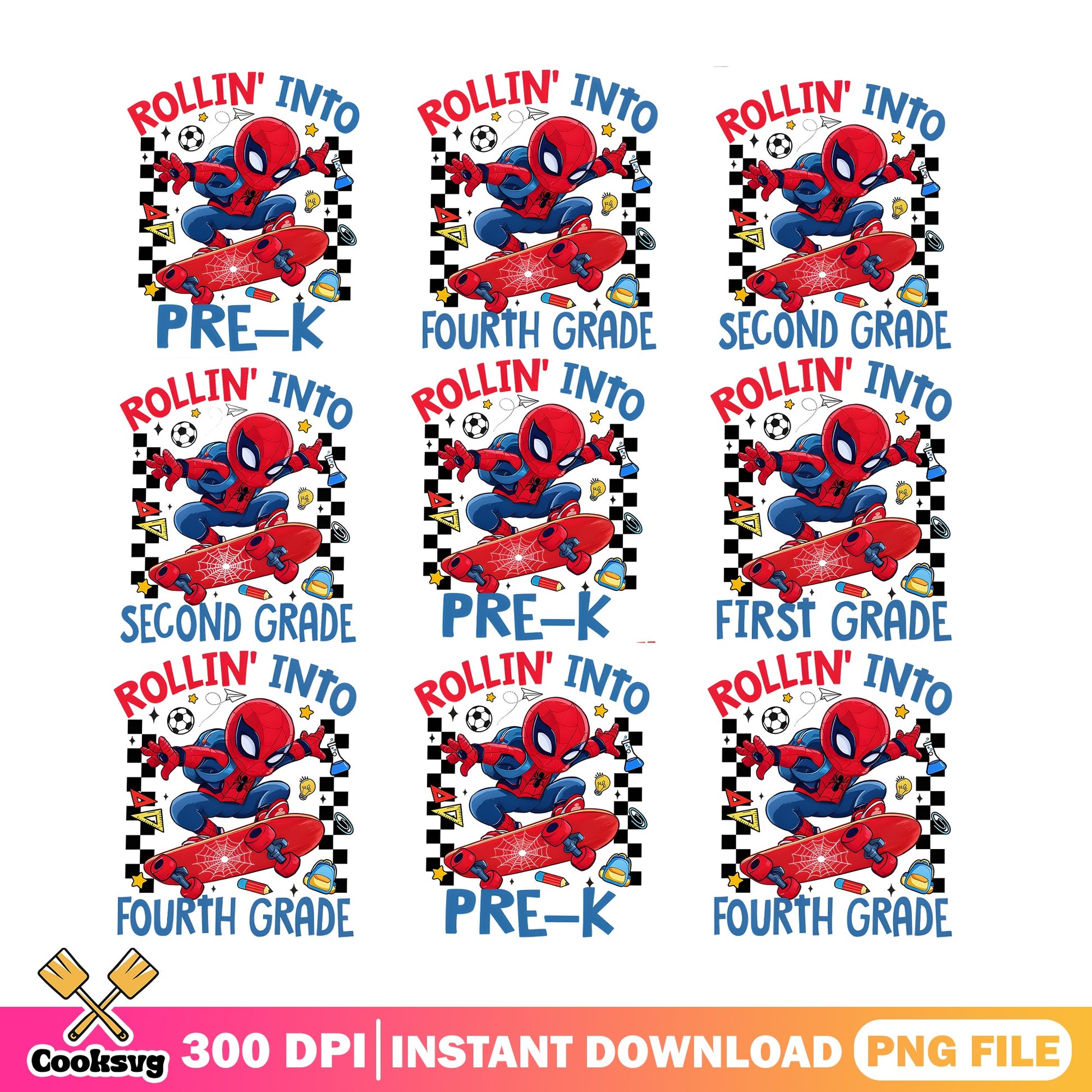 Spiderman Rollin Into Grade PNG Bundle, Back To School PNG, Superhero PNG