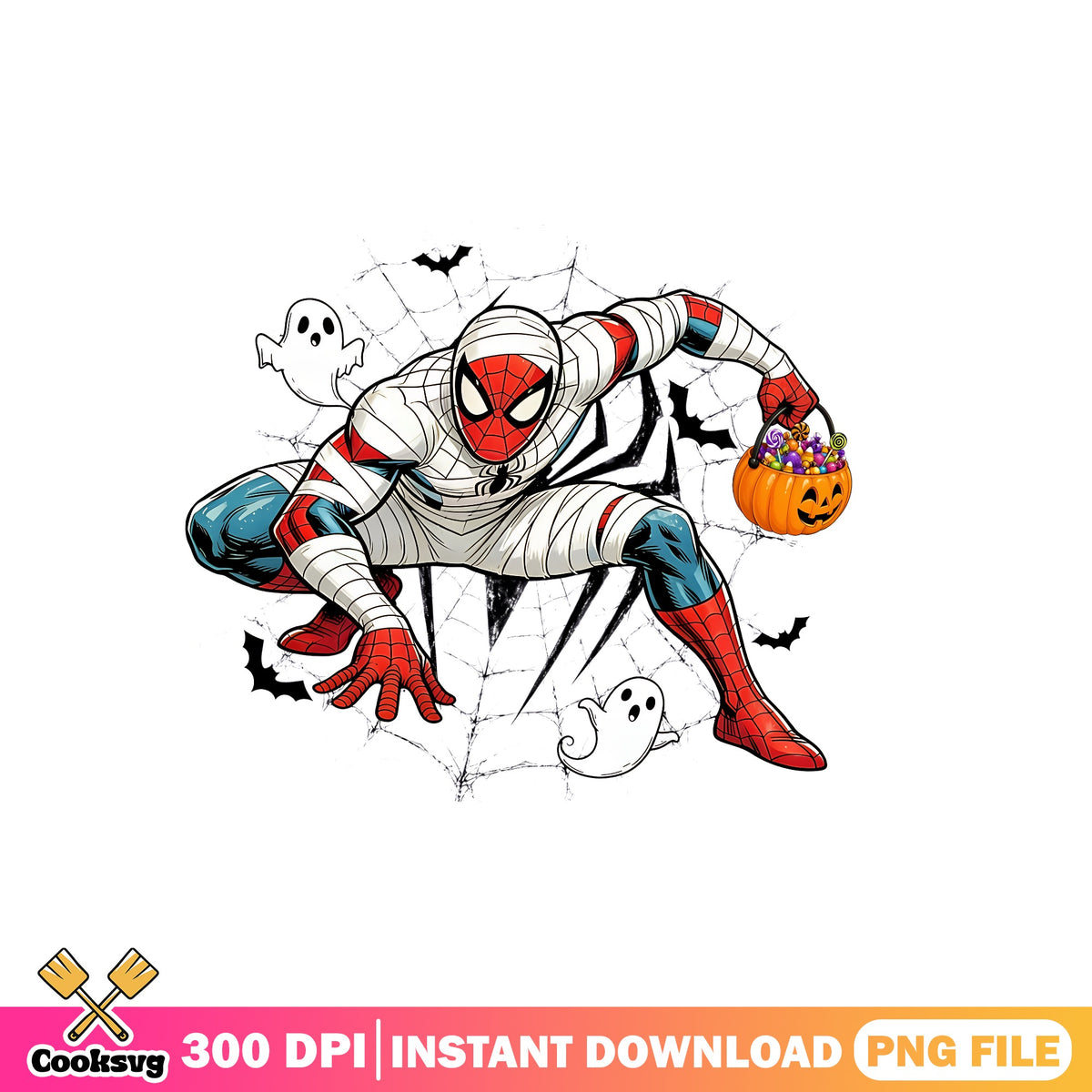 Spiderman mummy suit png, Spidey trick treat png, Halloween hero png