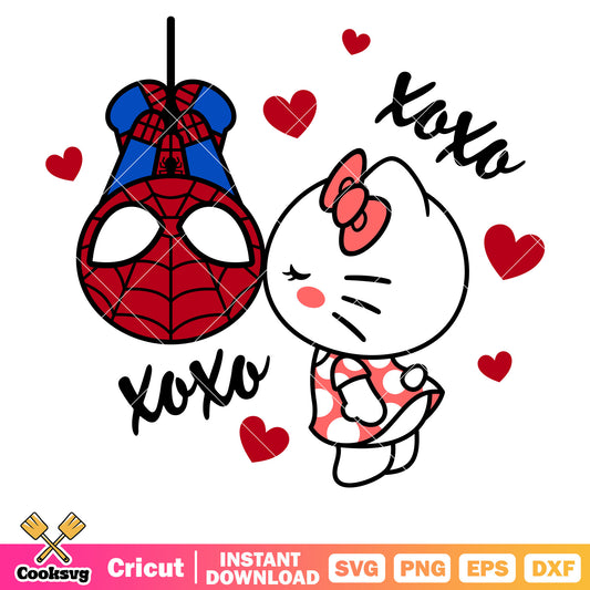 Spider man kissing hello kitty xoxo svg, hello kitty valentines svg