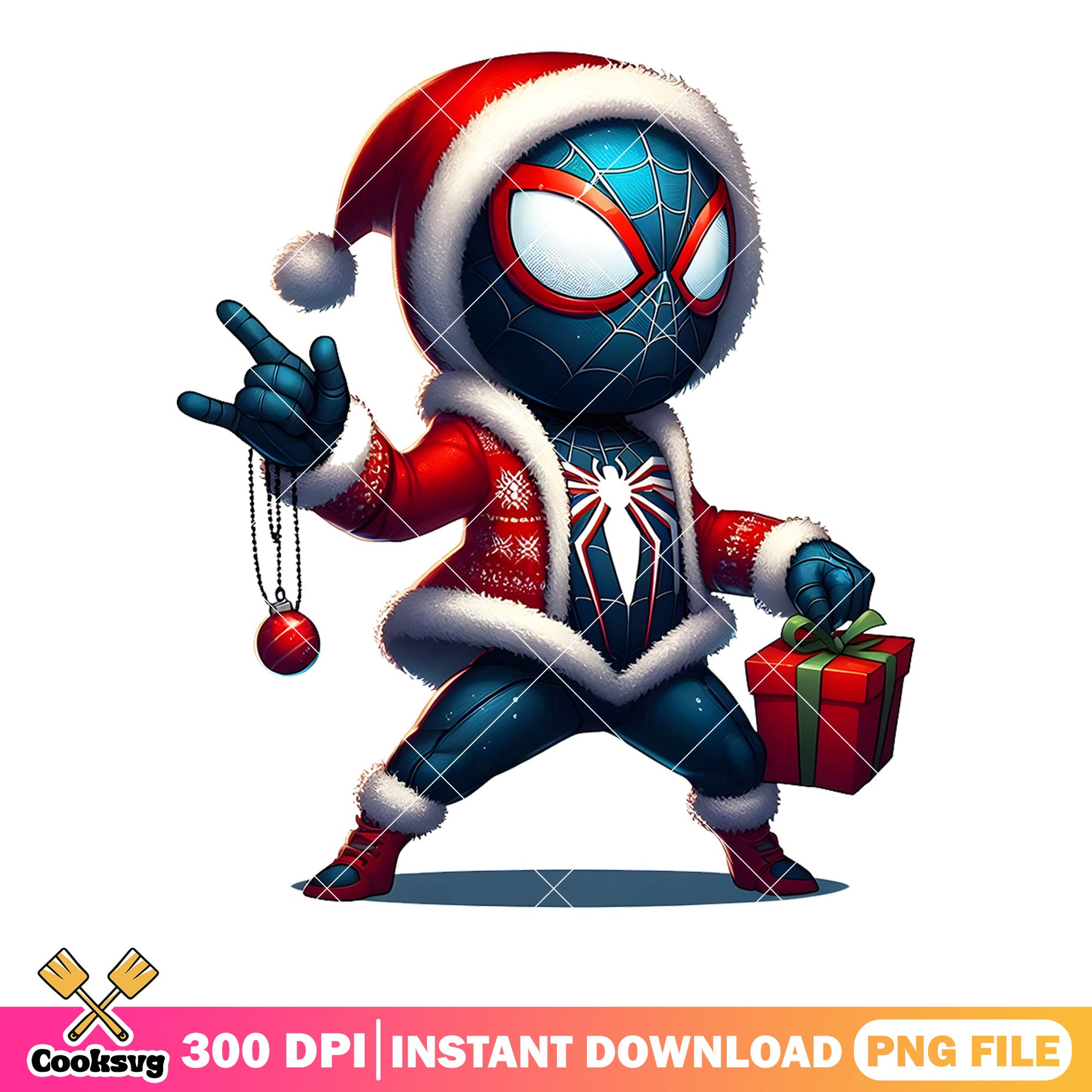 Spider man miles santa png, a red gift box png, a rock on sign png