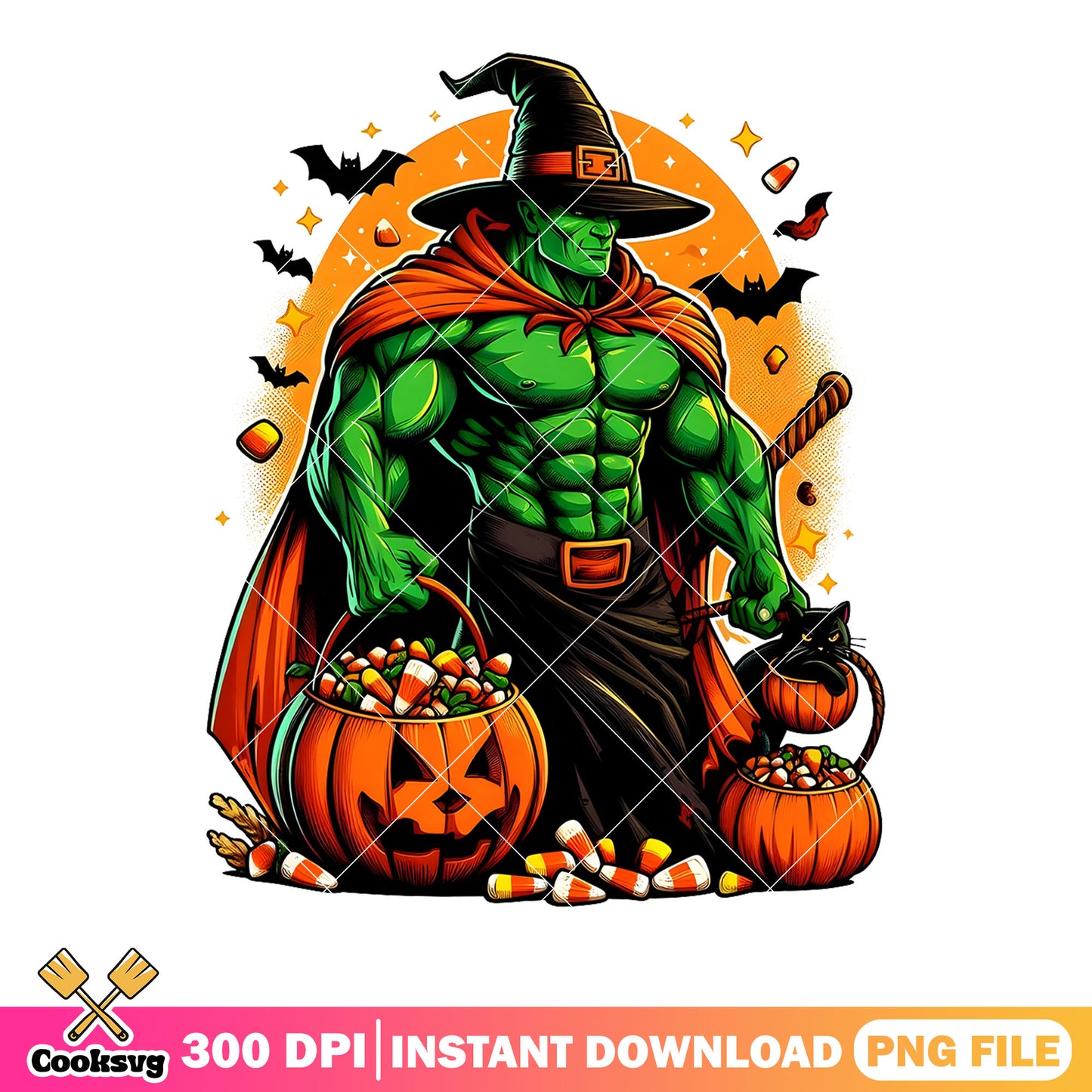 Spoky Hulk png, halloween marvel png, witch costume png