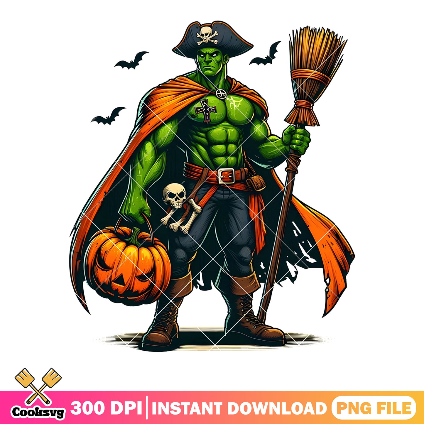 Spooky Hulk png, halloween marvel png, broom and pirate costume png