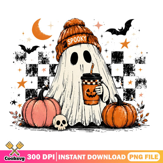 Spooky Ghost Halloween PNG, Pumpkin Coffee Ghost PNG, Halloween PNG