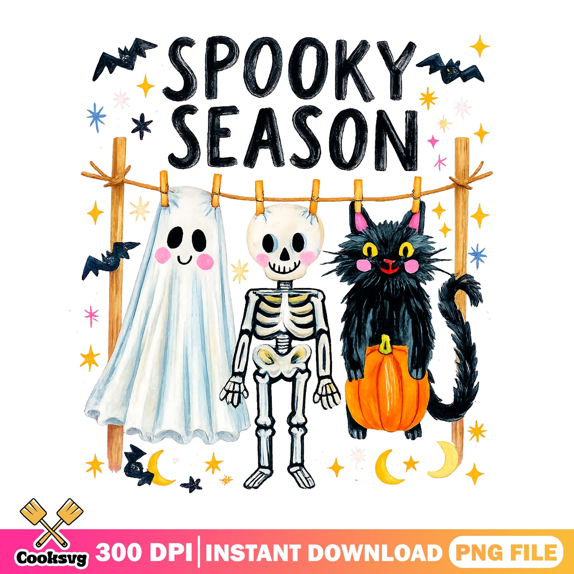 Spooky Season PNG, Halloween Ghost Skeleton Black Cat PNG