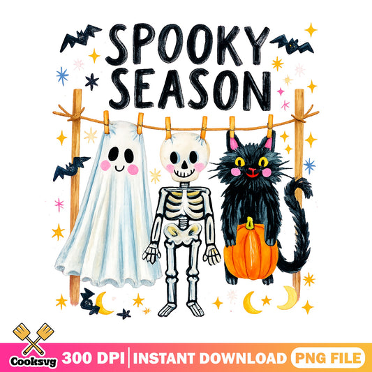 Spooky Season PNG, Halloween Ghost Skeleton Black Cat PNG