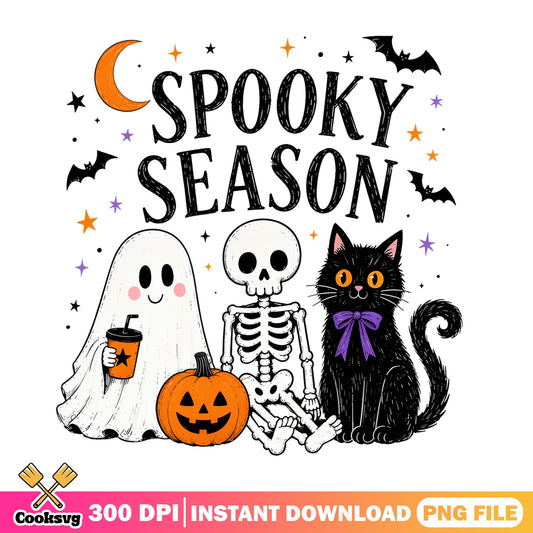Spooky Season PNG, Halloween Ghost Skeleton Black Cat PNG, Halloween PNG