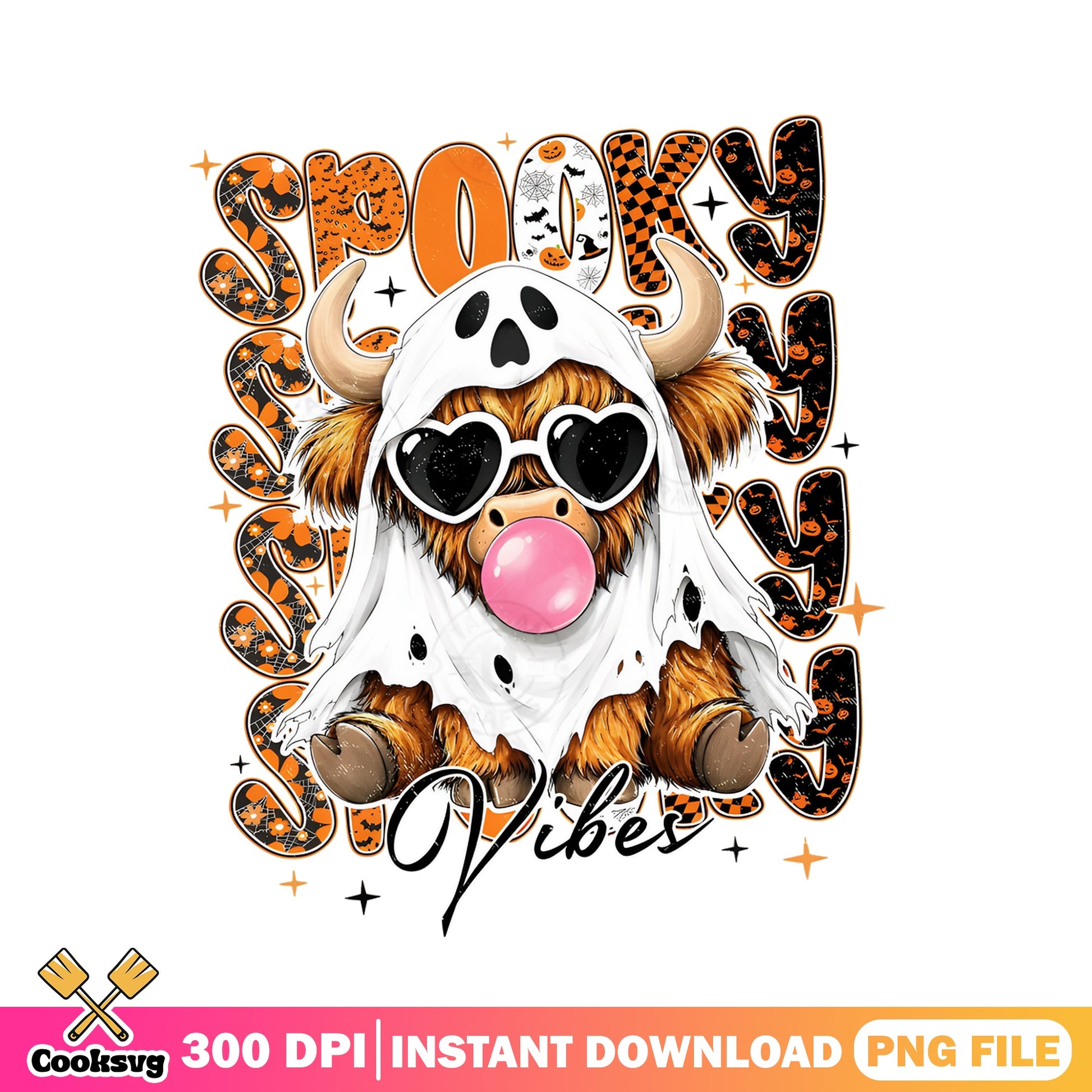 Spooky Vibes Highland Cow Ghost PNG, Halloween PNG, Cow PNG