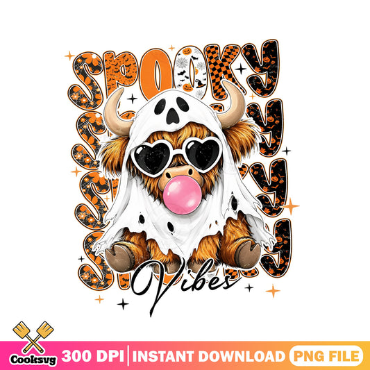 Spooky Vibes Highland Cow Ghost PNG, Halloween PNG, Cow PNG