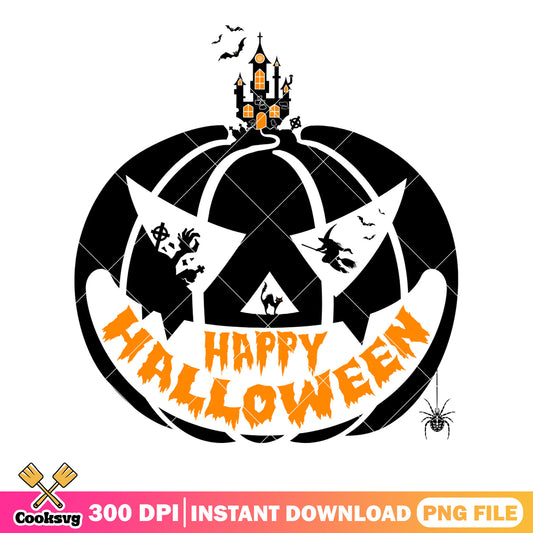 Spooky castle in pumpkin png, happy halloween png, jack o lantern png