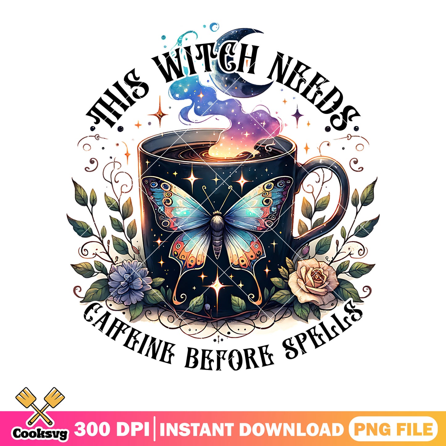 Spooky coffee flower png, cresent moon png, halloween scary png