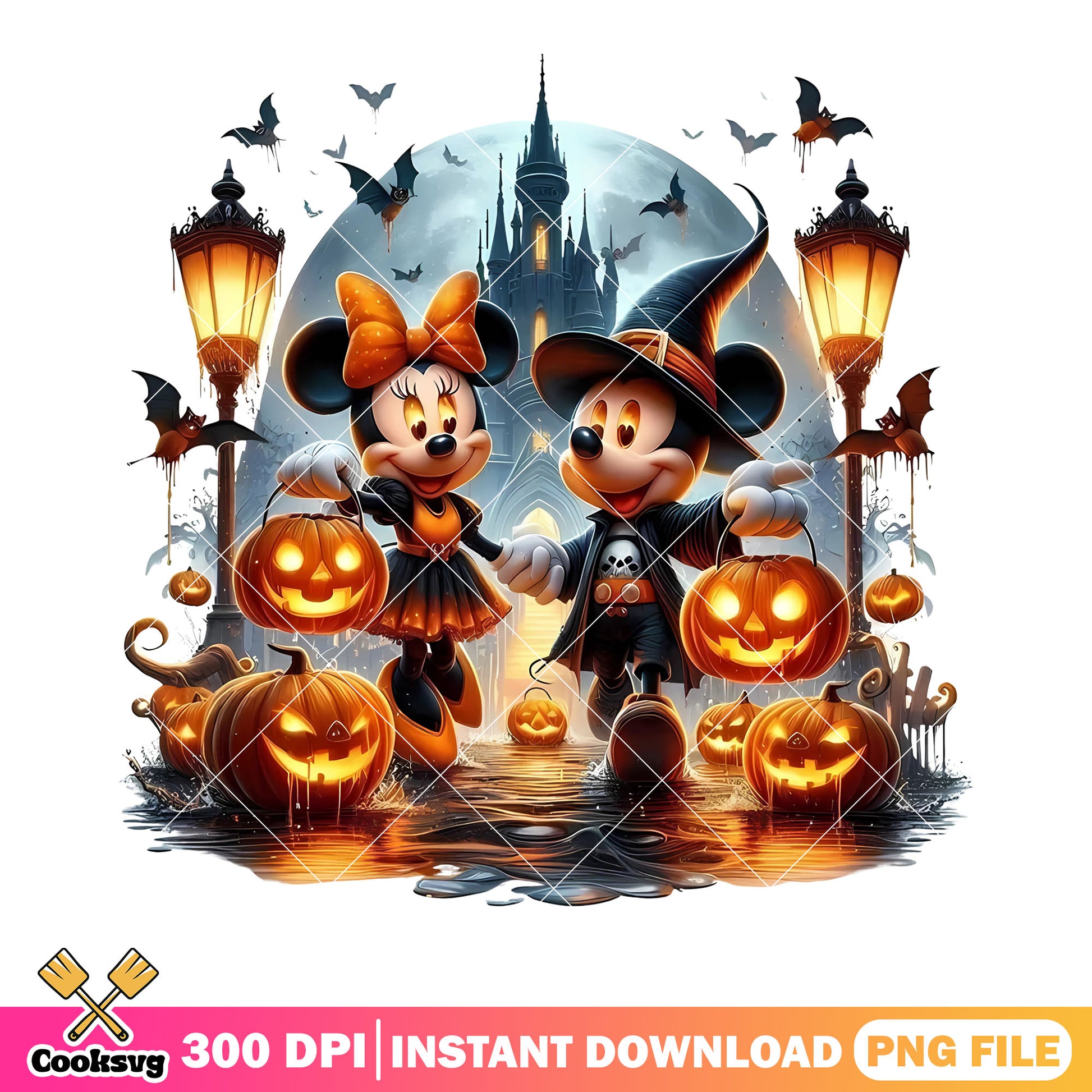 Spooky couple disney mouse png, jack o lantern png, spooky castle png