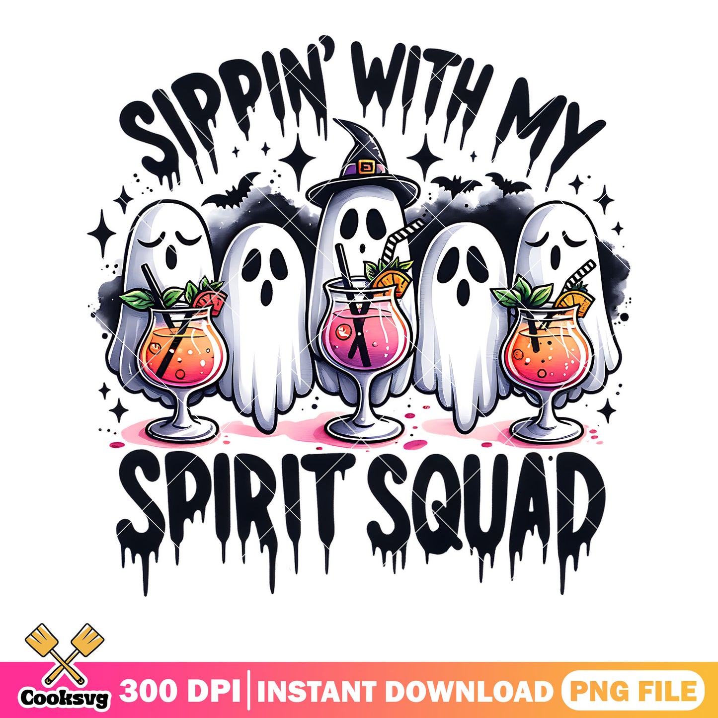 Spooky ghost squad cocktail png, scary bats png, scary halloween png