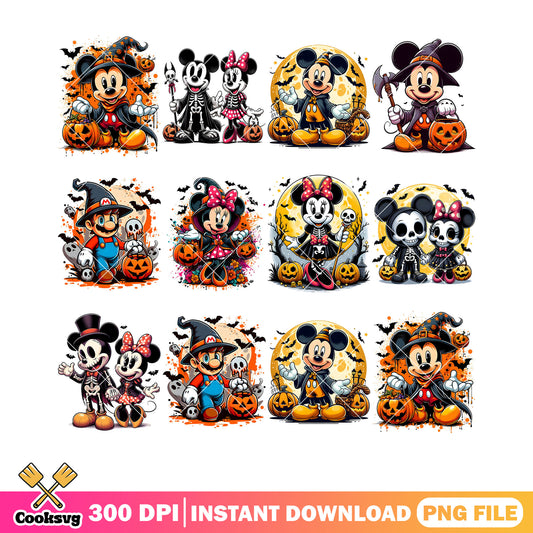 Spooky halloween character bunlde png, mickey mouse png, minnie mouse png