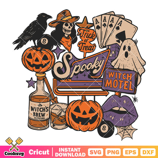 Spooky witch brew hotel svg, cowgirl halloween​ svg, spooky season svg