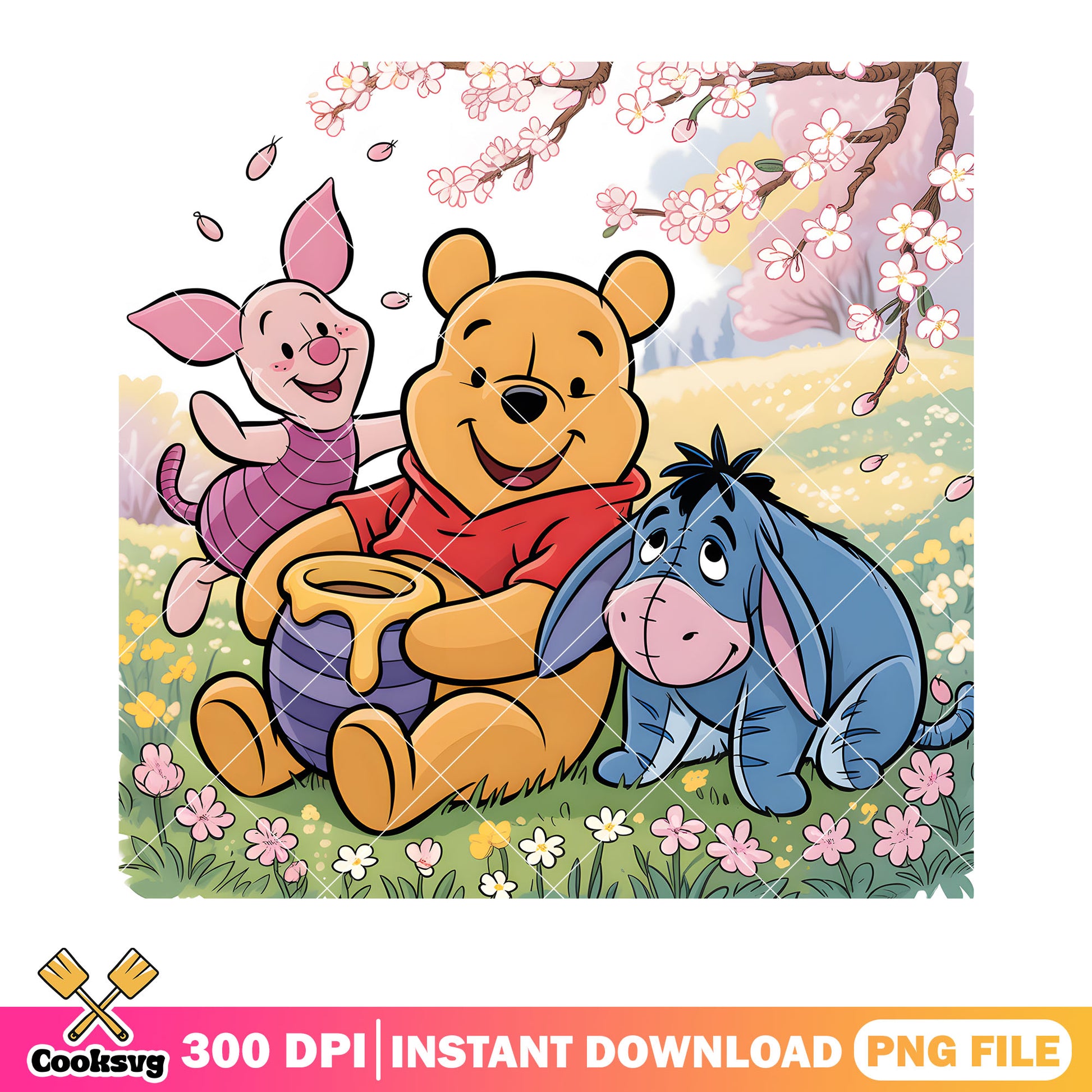 Spring blossom pooh piglet eeyore png, pooh poster png, pooh and friends png