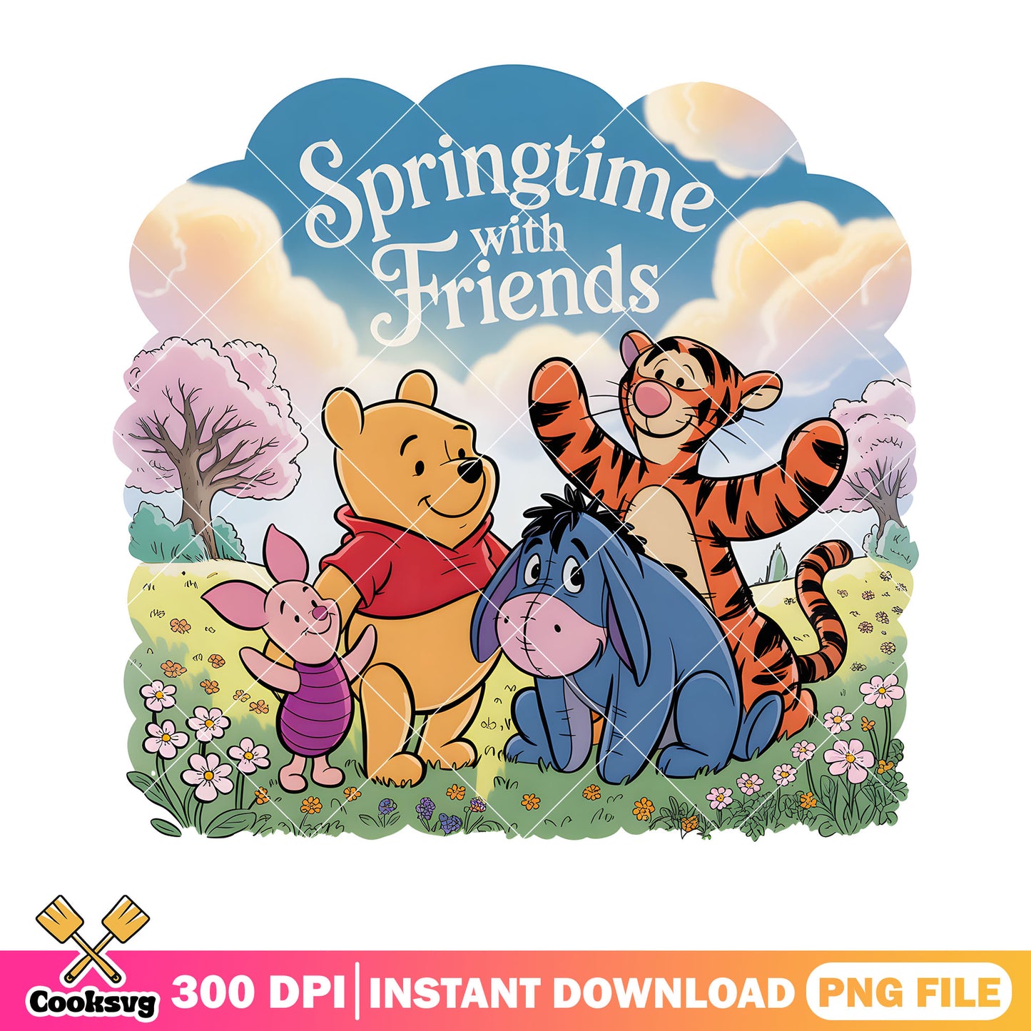 Springtime with friends png, pooh poster png, pooh and friends png