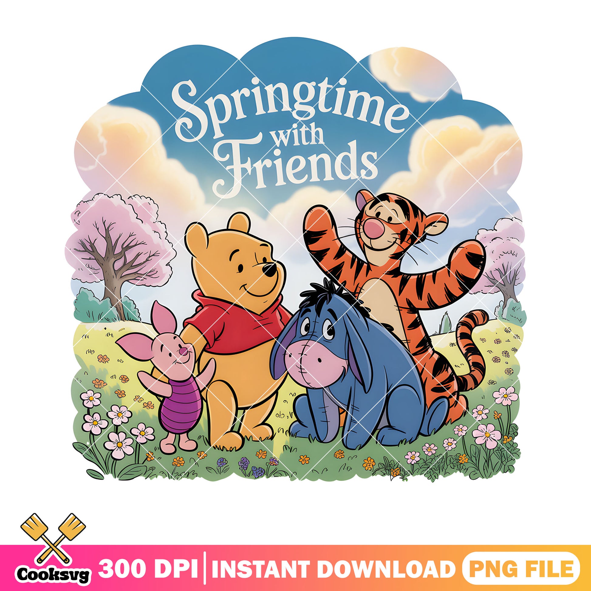Springtime with friends png, pooh poster png, pooh and friends png
