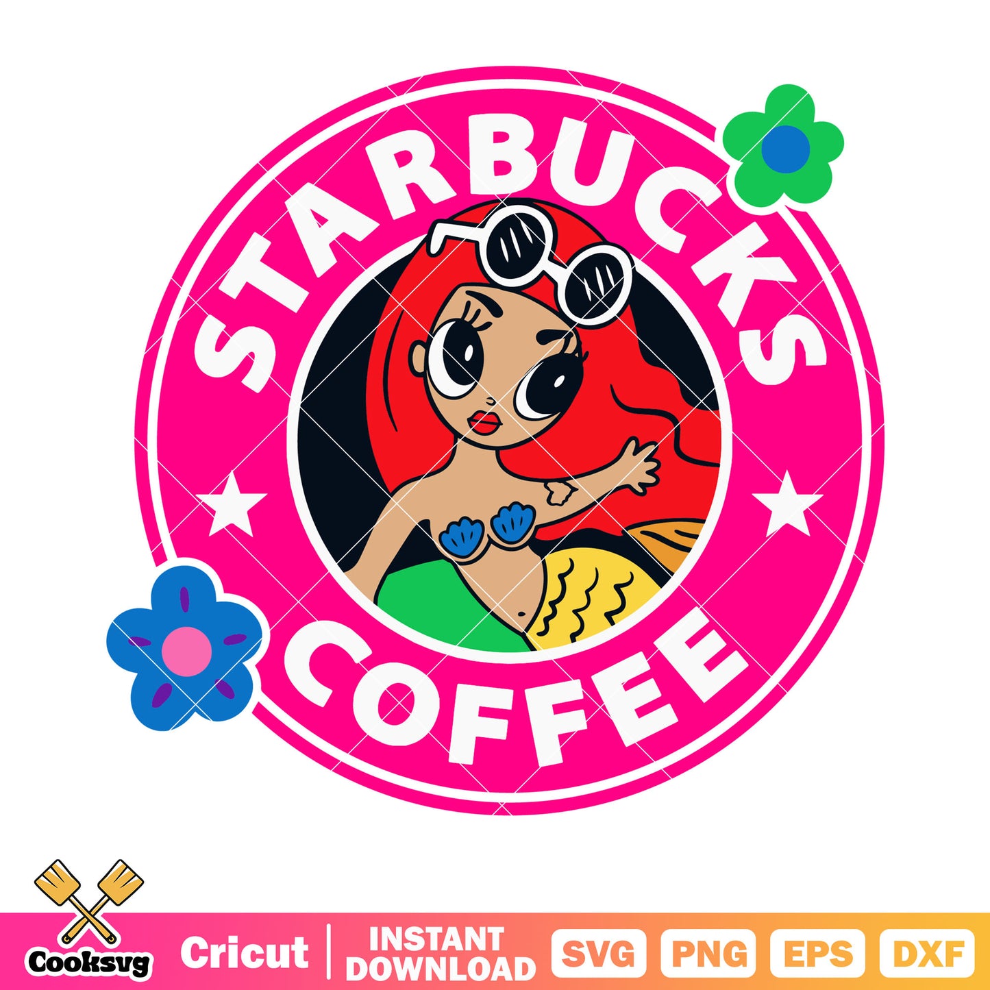 Starbucks coffee red hair svg, mermaid svg, green flower​ svg