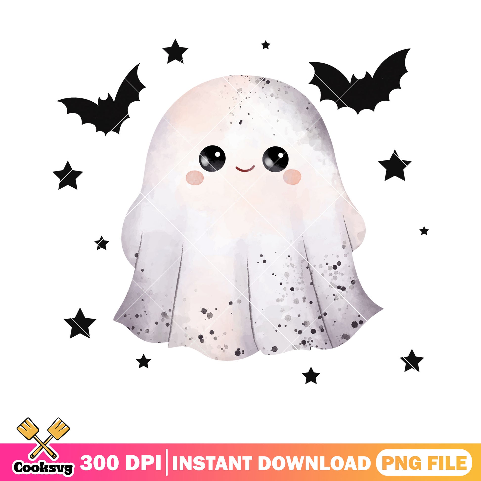 Starry night cutie ghost png, scary bats png, halloween scary png