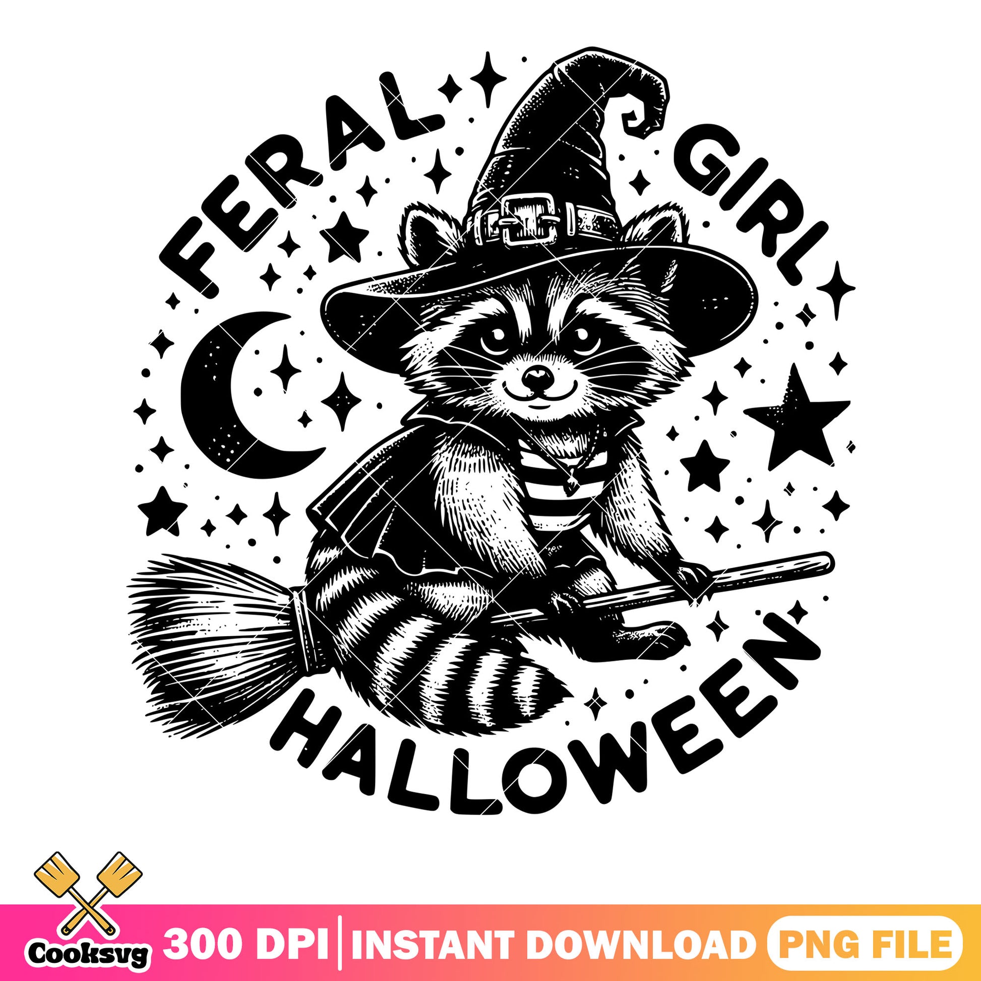 Starry night raccoon witch png, cresnt moon png, halloween scary png