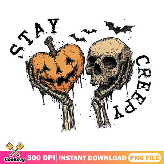 Stay Creepy Halloween PNG, Skull Pumpkin Heart PNG, Halloween PNG