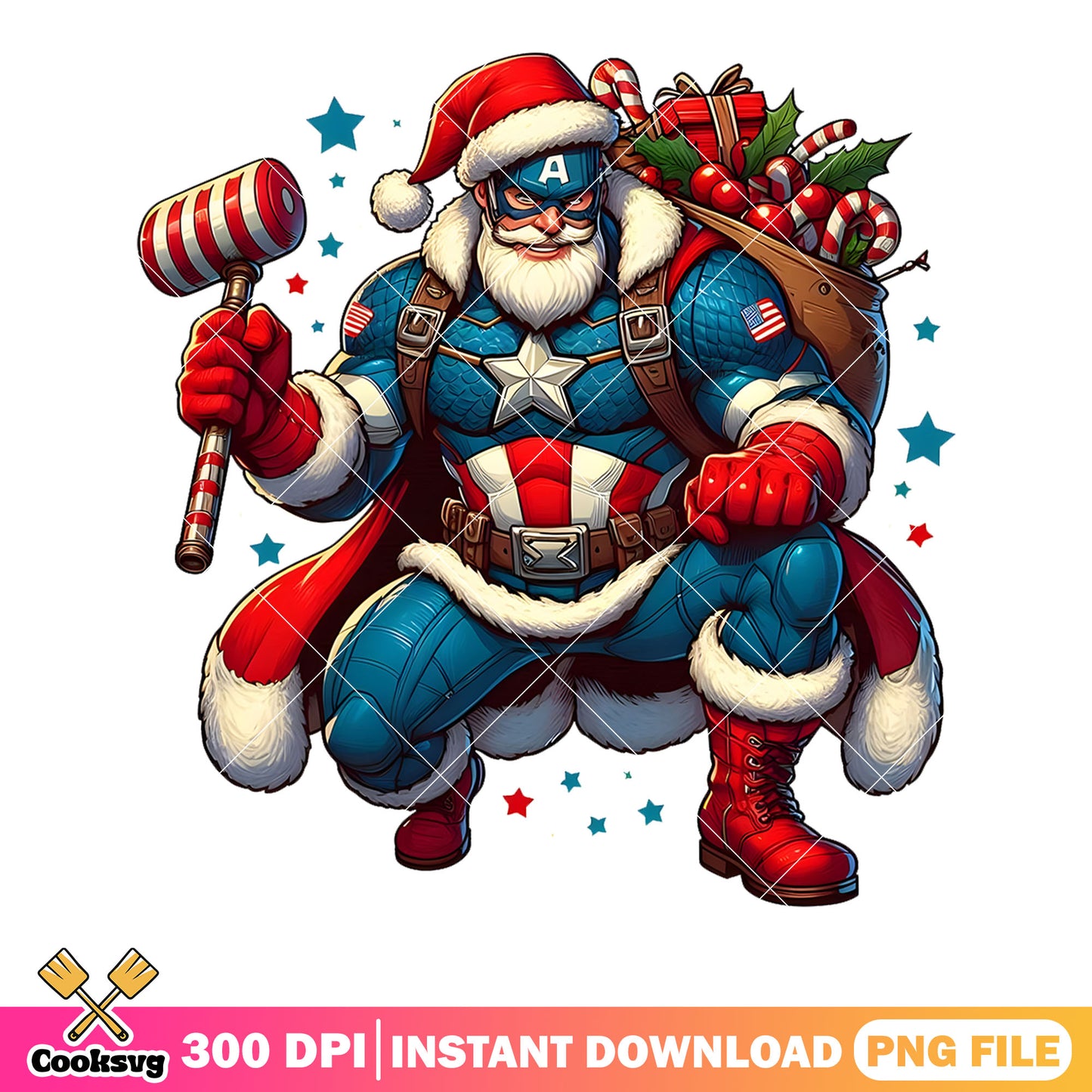 Steve Rogers christmas png, santa bag gift png, candy cane hammer png