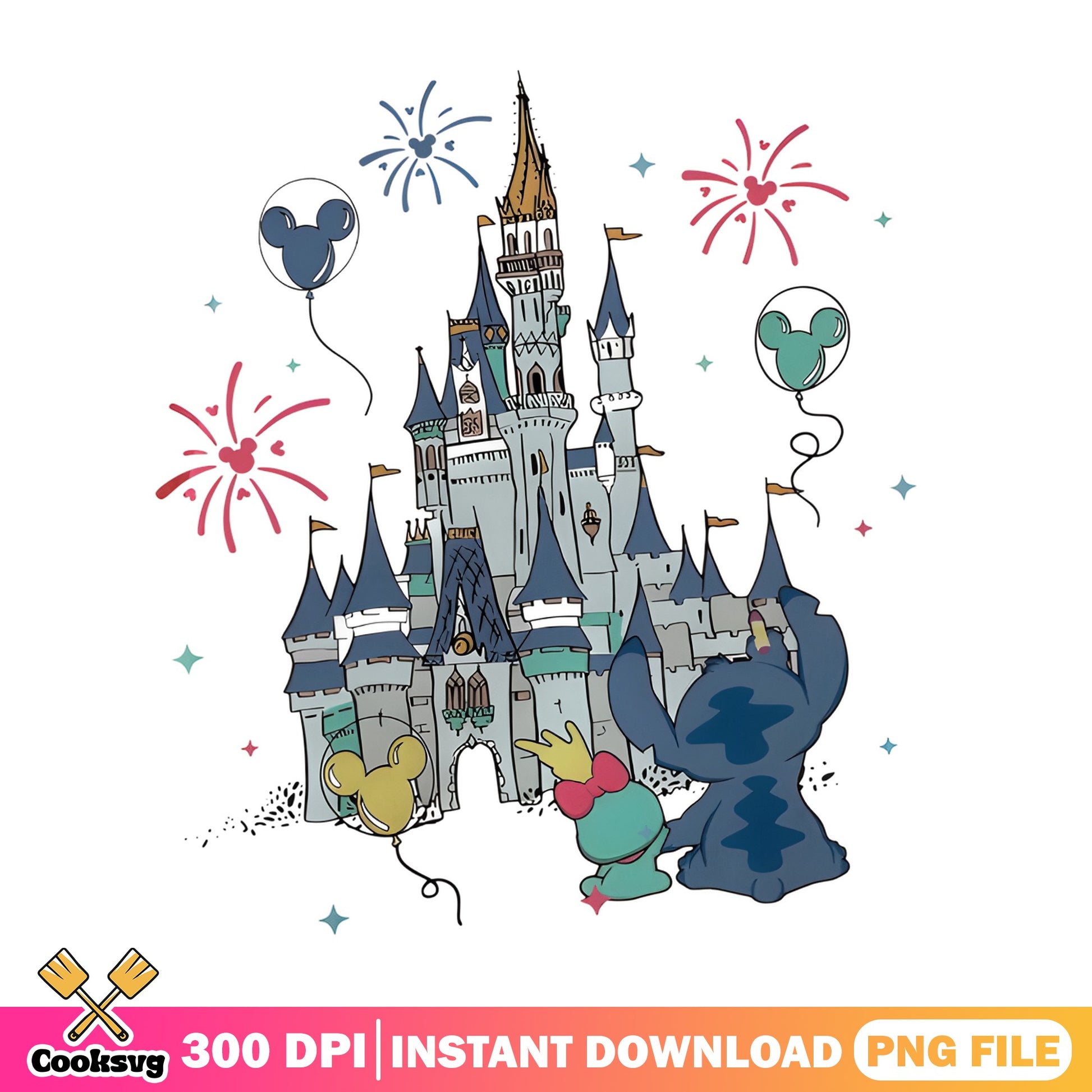 Stitch And Angel Disney Castle PNG, Disney Trip PNG, Fireworks PNG