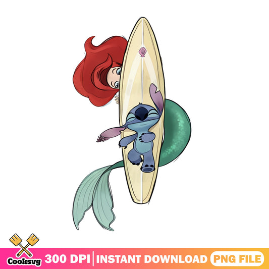 Stitch And Ariel Surfboard Disney PNG, Little Mermaid PNG, Summer PNG